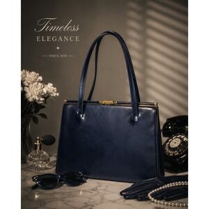 Vintage Navy Structured Leather Handbag Gold Frame Purse England Old Money